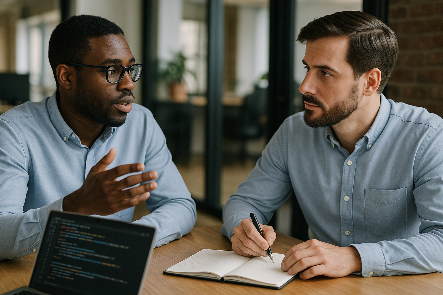 A man consulting with another person on software engineering practices